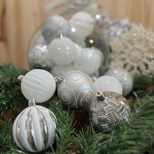 Silver and White Christmas Ornaments Shatterproof Holiday Assortment Set of 36